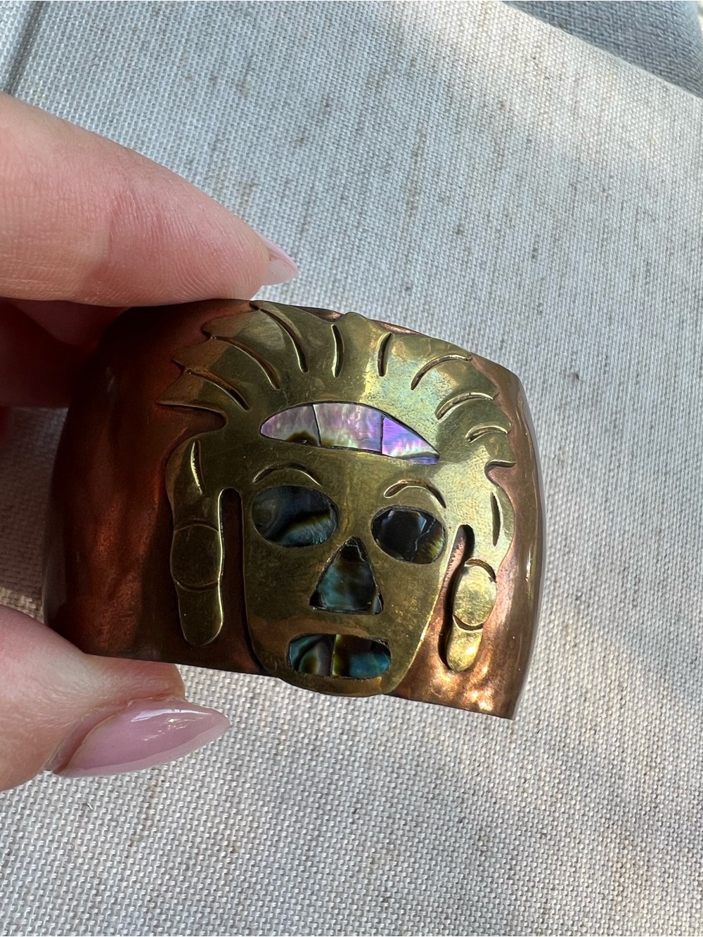 Brass Abalone Inlay Cuff Bracelet With Native Mask Design 7" Wrist